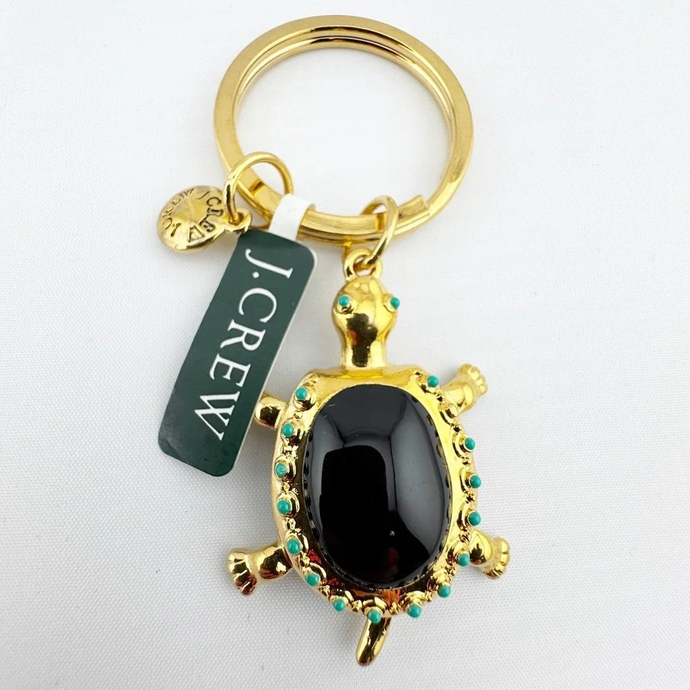 J.Crew Gold Tone‎ Black Cabochon Turtle Keychain Bag Charm Turquoise Accents NEW